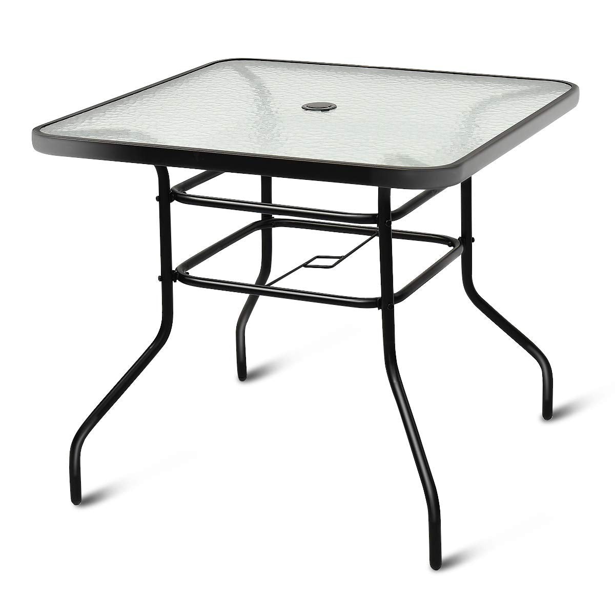 Table de salle à manger extérieure avec trou de parasol de 2 pouces, plateau en verre trempé de 32 pouces, table de patio carrée